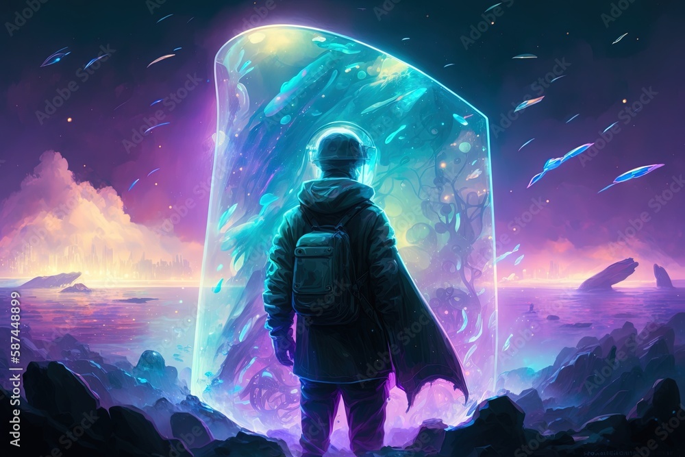 Poster escaping into a sea of glowing hope: protecting with a neon shield generative ai