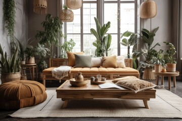 Beautiful living room with wooden couch and houseplants. Generative AI