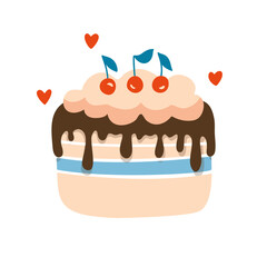 Birthday sweet cake with cherry and chocolate cream, vector party baby kids simple flat dessert doodle illustration