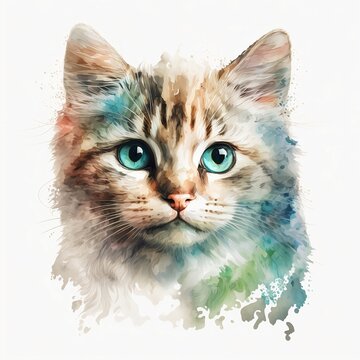 cat illustration with light watercolor on white background, minimalist animal painting, light watercolor artwork, unique wall décor, ai art. generative ai