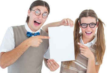 Geeky hipsters pointing at poster 