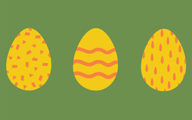 Set of three Easter eggs with patterns on a green background