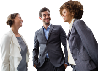 Low angle view of business people talking against white background