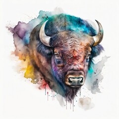 bull illustration with light watercolor on white background, minimalist animal painting, light watercolor artwork, unique wall décor, ai art. generative ai