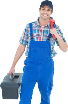 Plumber with monkey wrench and tool box
