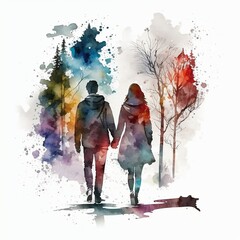 couple with light watercolor on white background, light watercolor artwork, unique wall décor, ai art. generative ai