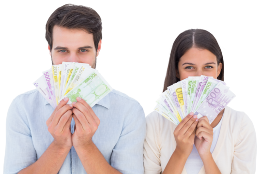 Happy couple showing their money