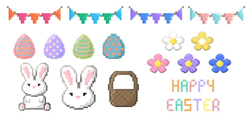 Illustration pixel set of happy Easter icon PNG. Rabbit, easter eggs, flags, basket and flowers . Concept of Easter. Hand draw pixel transparent background.