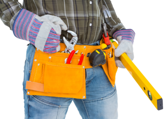 Handyman holding spirit level