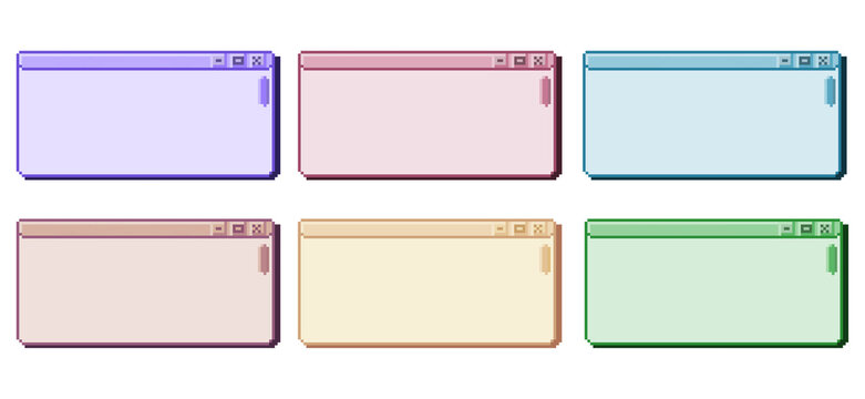 Set Illustration users interface window pixel art. blank desktop window, tap browser elements. Concept of 2000s computer graphics. 