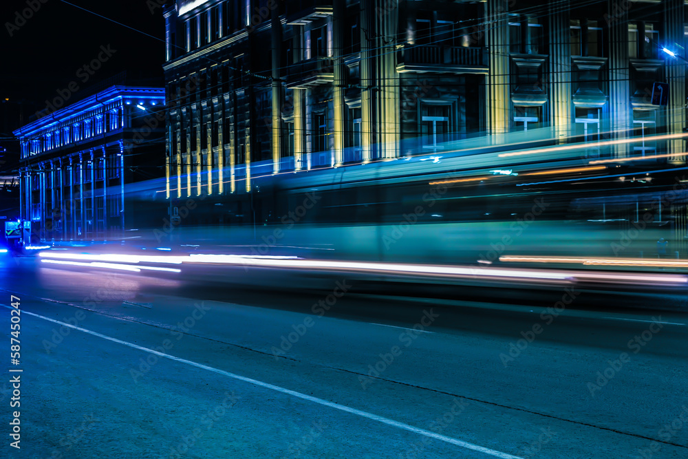 Wall mural traffic at night on a city street