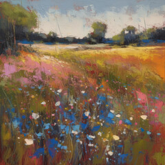 A wildflower meadow scene in a painted style