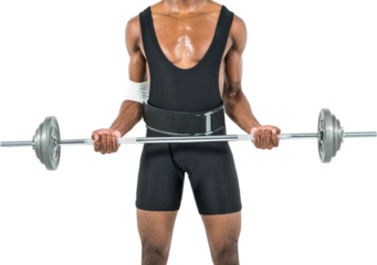 Mid-section of bodybuilder lifting heavy barbell weights