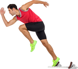Confident male athlete running from starting blocks