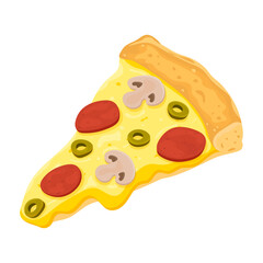 Pizza Salami with mushrooms.  Vector healthy pepperoni Pizza slice. Fast food illustration on white background.