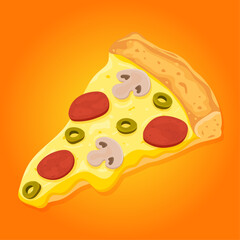 Pizza Salami with mushrooms.  Vector healthy pepperoni Pizza slice. Fast food illustration on orange background.