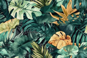 vibrant green and yellow tropical plant pattern wallpaper. Generative AI