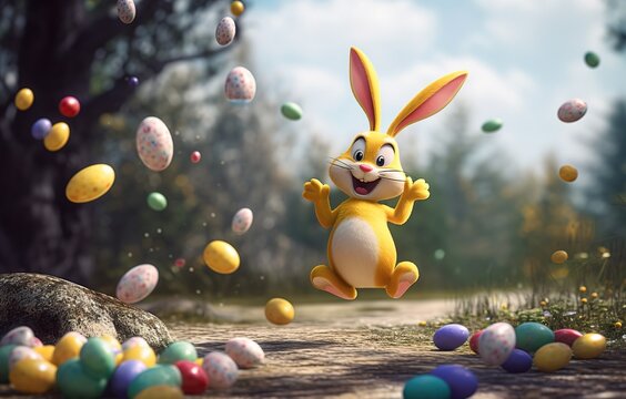 Gelber Osterhase freut sich extrem und wirft seine bunten Ostereier in die Luft. Hase versteckt Ostereier. Generativ KI