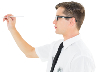 Geeky businessman writing with marker