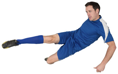 Football player in blue kicking
