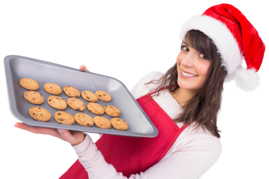 Brunette in santa hat offering hot cookies - Powered by Adobe