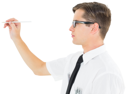 Geeky businessman writing with marker