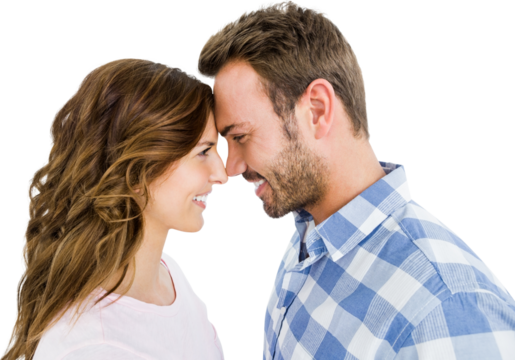 Happy young couple rubbing nose - Powered by Adobe