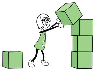 Digital image of female cartoon placing block 