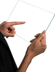 Cropped hand on businesswoman touching glass interface