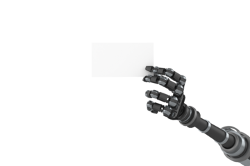 Robotic arm holding white placard