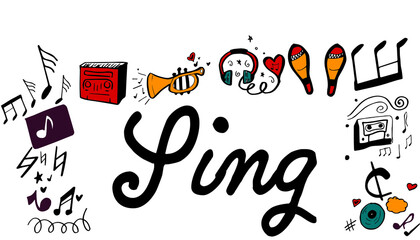 Sing text surrounded by various colorful vector icons