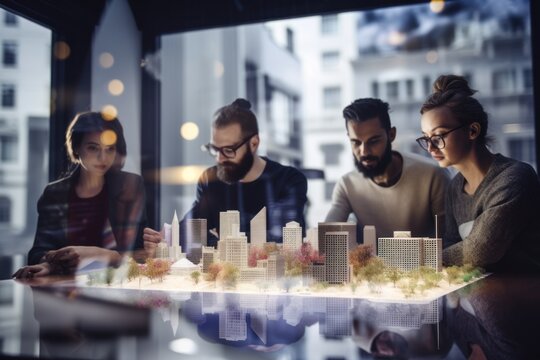 Group Of Young, Happy Business People Sitting Around A Desk In A Corporate Office, Looking At A Small Holographic Cityscape Model. Created With Generative A.I. Technology.