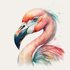 flamingo illustration with light watercolor on white background, minimalist animal painting, light watercolor artwork, unique wall décor, ai art. generative ai