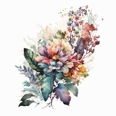 flowers illustration with light watercolor on white background, light watercolor artwork, unique wall décor, ai art. generative ai