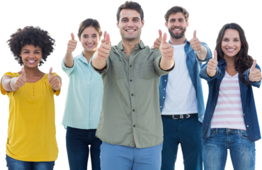 Young creative business people gesturing thumbs up 