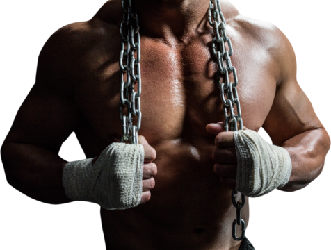 Midsection of muscular man holding chain