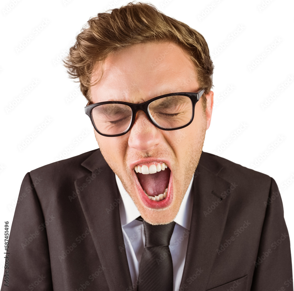 Wall mural Young angry businessman shouting at camera