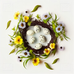 Easter composition of colorful quail eggs and spring flowers over white background. Springtime holidays concept with copy space. Top view. AI