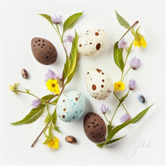 Easter composition of colorful quail eggs and spring flowers over white background. Springtime holidays concept with copy space. Top view. AI