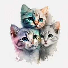 kittens illustration with light watercolor on white background, minimalist animal painting, light watercolor artwork, unique wall décor, ai art. generative ai