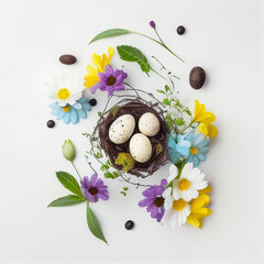 Easter composition of colorful quail eggs and spring flowers over white background. Springtime holidays concept with copy space. Top view. AI