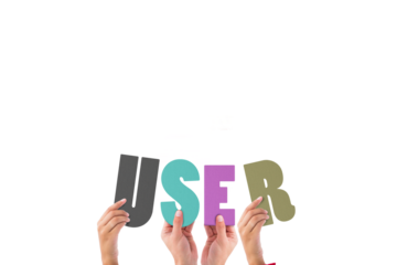 Colorful alphabet spelling user held up by people 