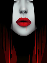 Brightly painted lips and blanched skin eyes full of secrets and a look of knowing. Gothic art. AI generation.