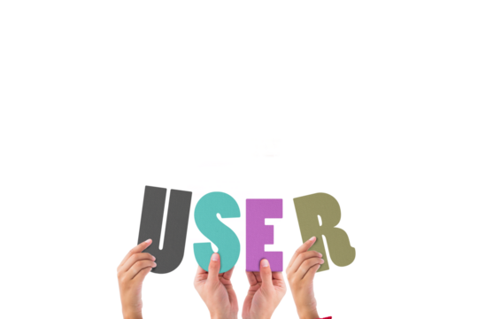 Colorful alphabet spelling user held up by people 