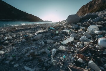 A powerful photo of a polluted beach, showcasing the devastating impact of plastic pollution on our natural world.