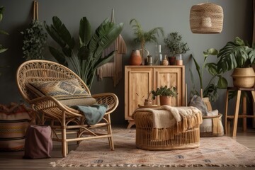 Contemporary bohemian living room with antique chair, rattan basket and leaves, wooden cube, books, flowers, mock up poster frames, and stylish accessories. Interior design. Template. Generative AI