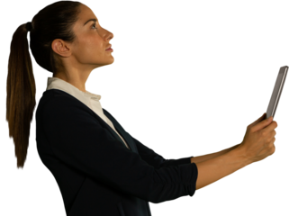 Side view of woman touching invisible screen