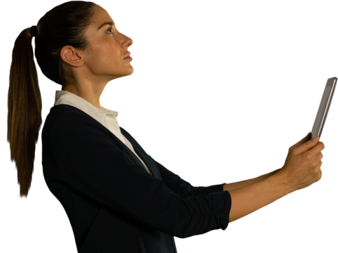 Side view of woman touching invisible screen