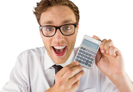 Geeky businessman showing a calculator - Powered by Adobe