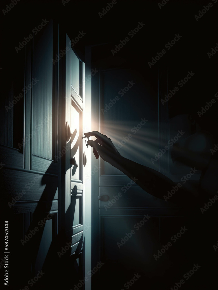 Poster a hand unlocking a heavy steel door with a light emanating from within the shadows.. ai generation.
